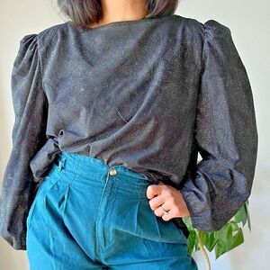 vtg 80s glitter blouse‎ black floral print sheer shirt party top XL puff sleeve